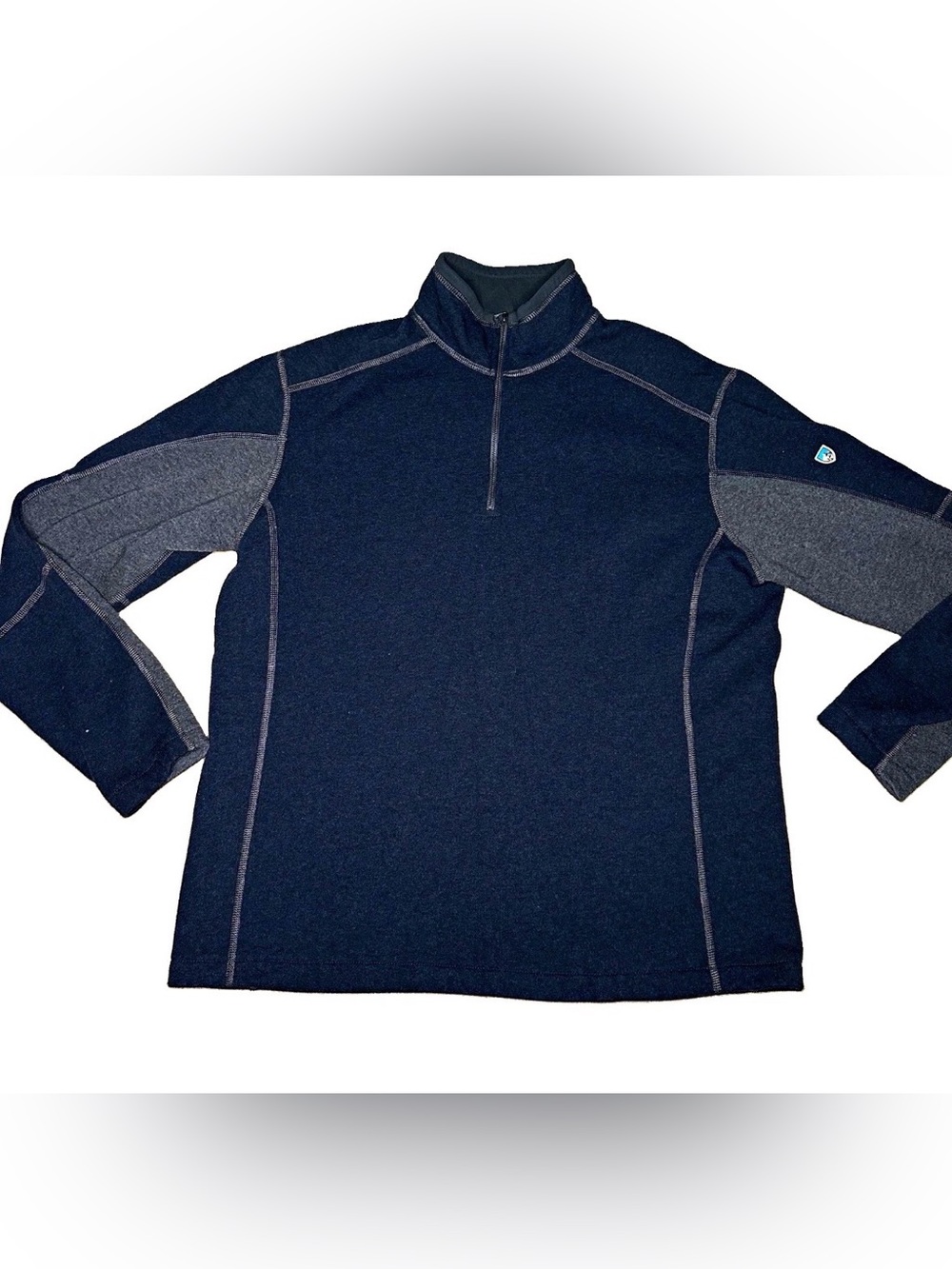 KÜHL Revel Men XL 1/4 Zip Pullover Mock Neck Navy Gray Colorblock Fleece